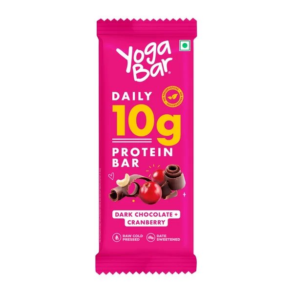 Yoga Bar Dark Chocolate + Cranberry Flavour 10gm Protein Bar, 50 gm, Pack of 1