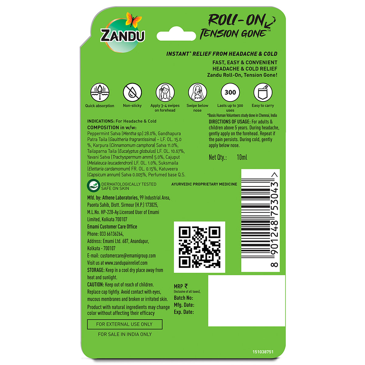 Zandu Roll-On For Headache, 9 ml, Pack of 1 Zandu Roll-On For Headache, 9 ml, Pack of 1