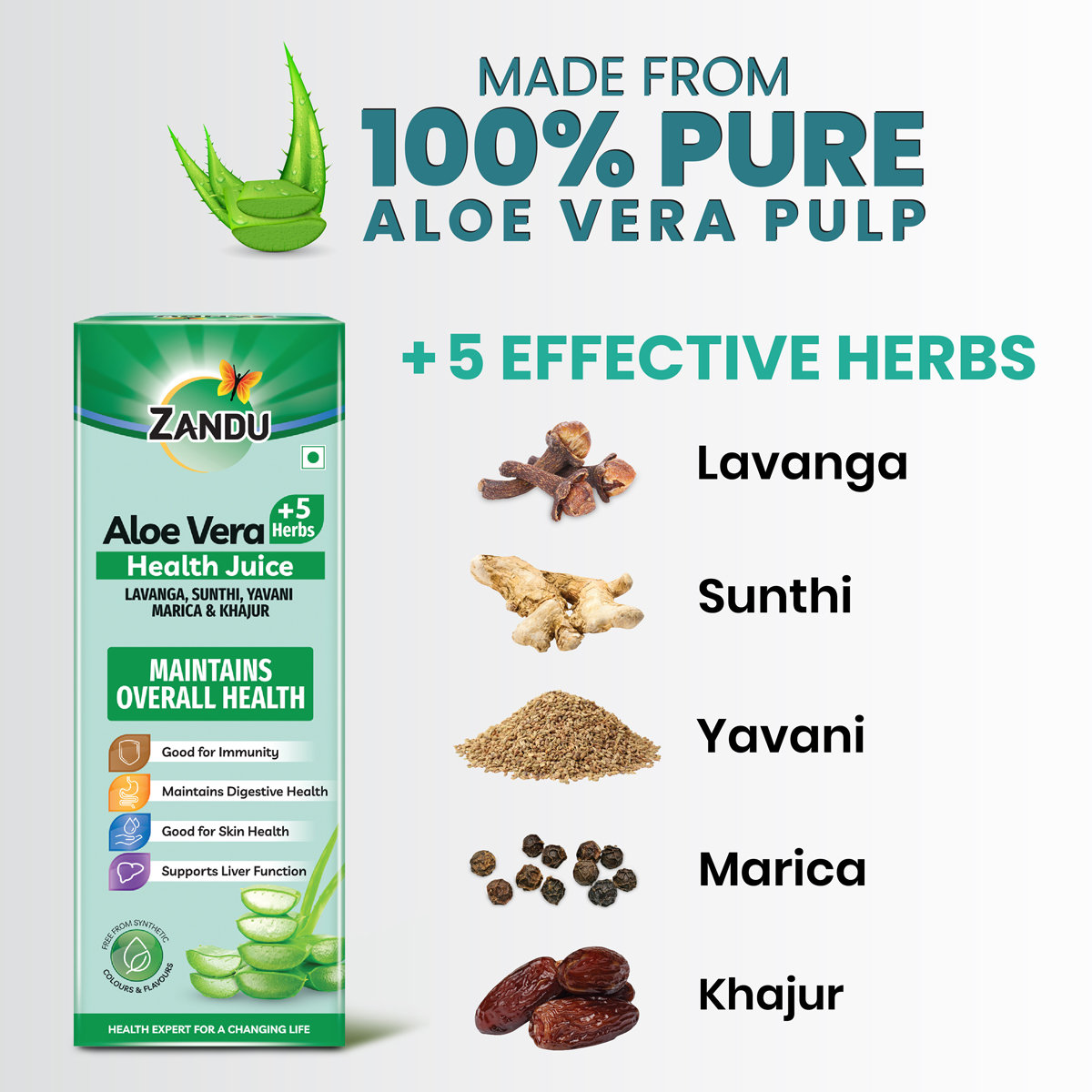 Zandu Aloe Vera +5 Herbs Health Juice, 1000 ml, Pack of 1 Zandu Aloe Vera +5 Herbs Health Juice, 1000 ml, Pack of 1