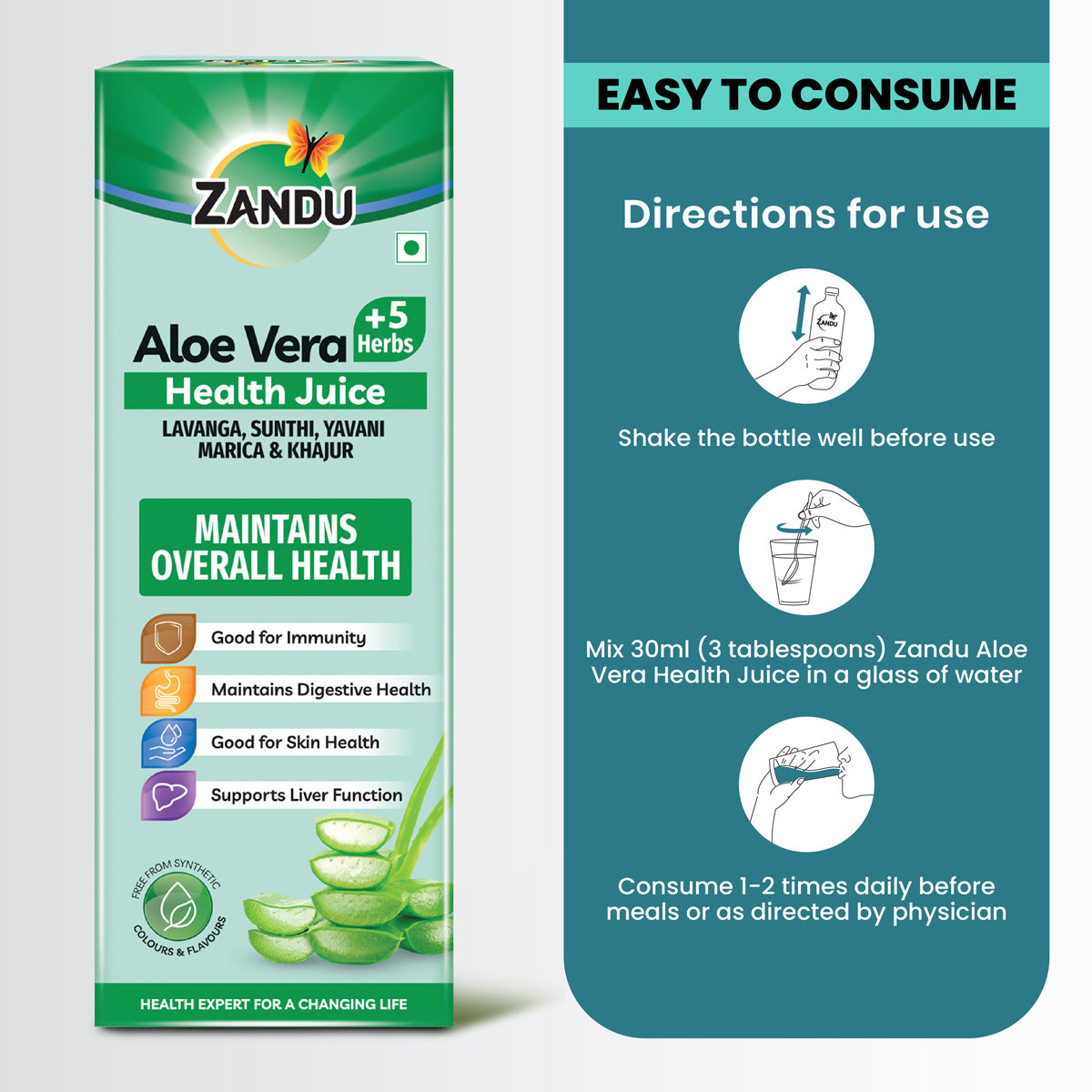 Zandu Aloe Vera +5 Herbs Health Juice, 1000 ml, Pack of 1 Zandu Aloe Vera +5 Herbs Health Juice, 1000 ml, Pack of 1