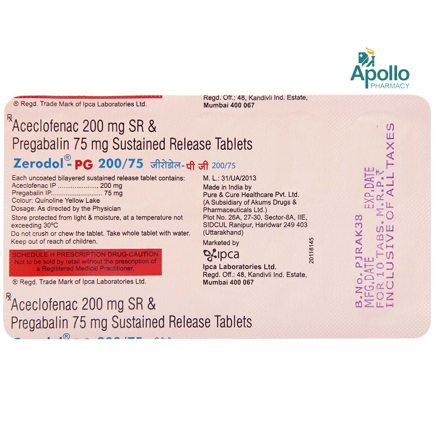 ZERODOL PG 200/75MG TABLET, Pack of 10 TABLETS ZERODOL PG 200/75MG TABLET, Pack of 10 TABLETS