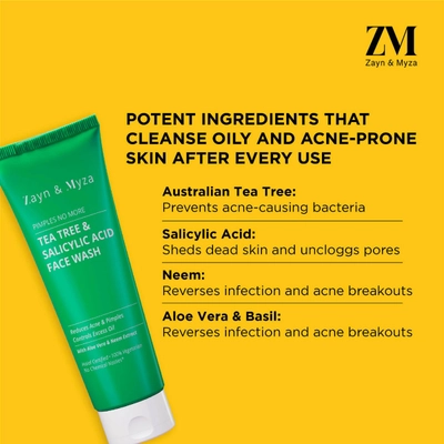 ZM Tea Tree Salicylic Acid Face Wash 75 ml | With Aloe Vera &amp; Neem Extract | Fights Acne &amp; Pimple | Controls Excess Oil | For Women | For All Skin Type, Pack of 1