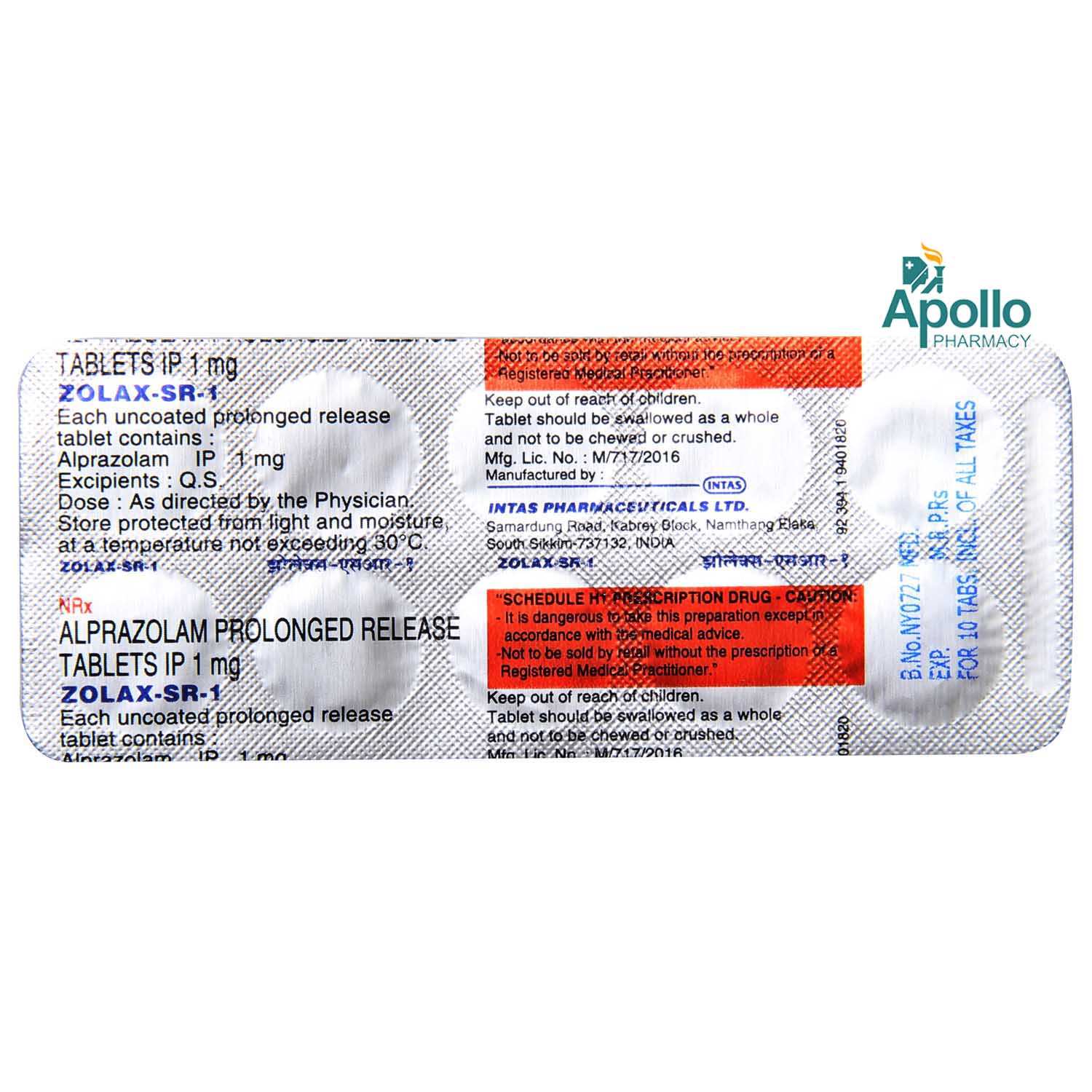 ZOLAX SR 1MG TABLET RETARD, Pack of 10 TABLETS ZOLAX SR 1MG TABLET RETARD, Pack of 10 TABLETS