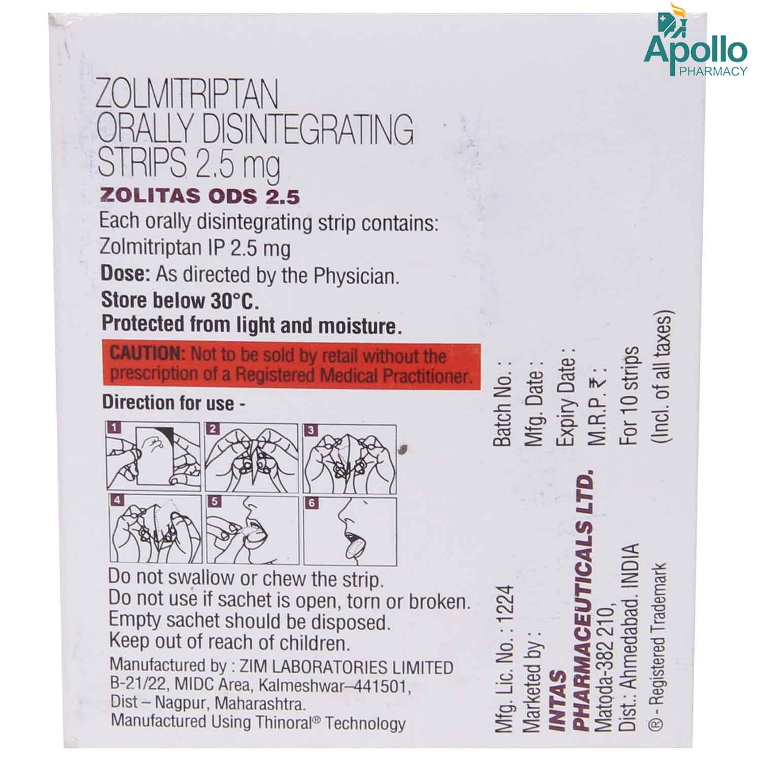 Zolitas ODS 2.5 Strip 1's, Pack of 1 DISINTEGRATING STRIPS Zolitas ODS 2.5 Strip 1's, Pack of 1 DISINTEGRATING STRIPS
