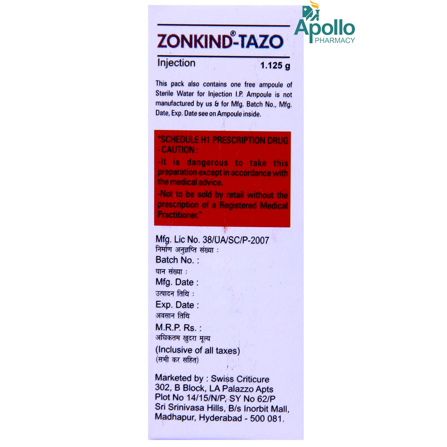 Zonkind-Tazo 1.125gm Injection, Pack of 1 INJECTION Zonkind-Tazo 1.125gm Injection, Pack of 1 INJECTION