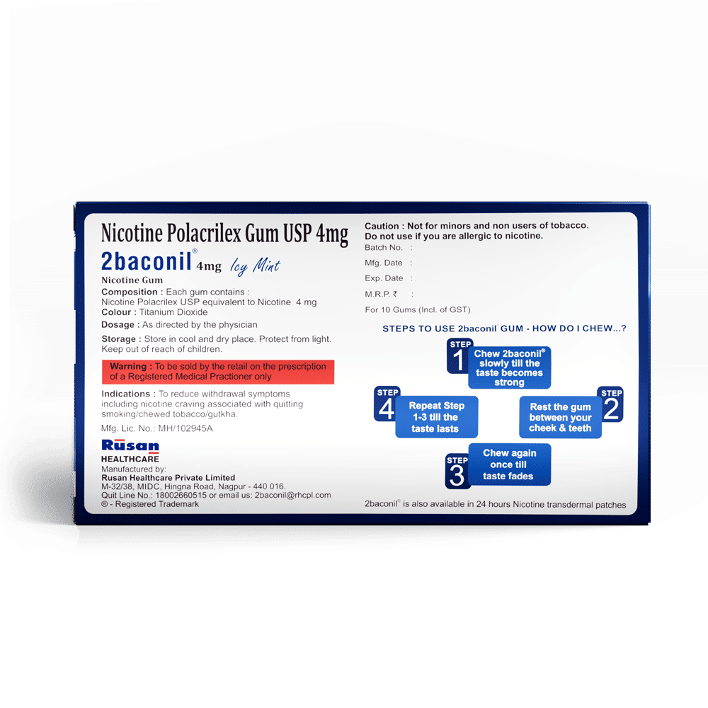 2baconil 4mg Icy Mint Chewing Gum 10's, Pack of 10 2baconil 4mg Icy Mint Chewing Gum 10's, Pack of 10