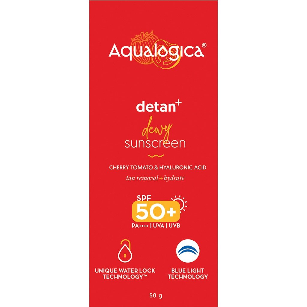 Aqualogica Detan+ Dewy Sunscreen 50 gm with SPF 50+ & PA++++ | UVA/B & Blue Light Protection | Tan Removal | For Normal, Sensitive & Dry Skin, Pack of 1 Aqualogica Detan+ Dewy Sunscreen 50 gm with SPF 50+ & PA++++ | UVA/B & Blue Light Protection | Tan Removal | For Normal, Sensitive & Dry Skin, Pack of 1