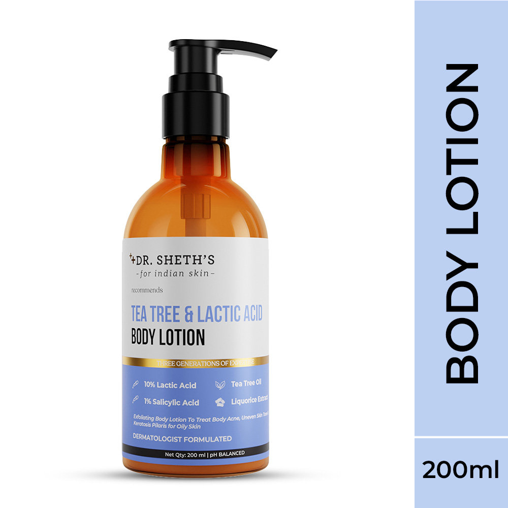 Dr. Sheth's Tea Tree & Lactic Acid Body Lotion 200 ml | Lactic Acid, Salicylic Acid, Tea Tree Oil & Liquorice Extract | Treats Acne, Uneven Skin Tone & Keratosis Pilaris | pH Balanced | For Oily Skin, Pack of 1 Dr. Sheth's Tea Tree & Lactic Acid Body Lotion 200 ml | Lactic Acid, Salicylic Acid, Tea Tree Oil & Liquorice Extract | Treats Acne, Uneven Skin Tone & Keratosis Pilaris | pH Balanced | For Oily Skin, Pack of 1
