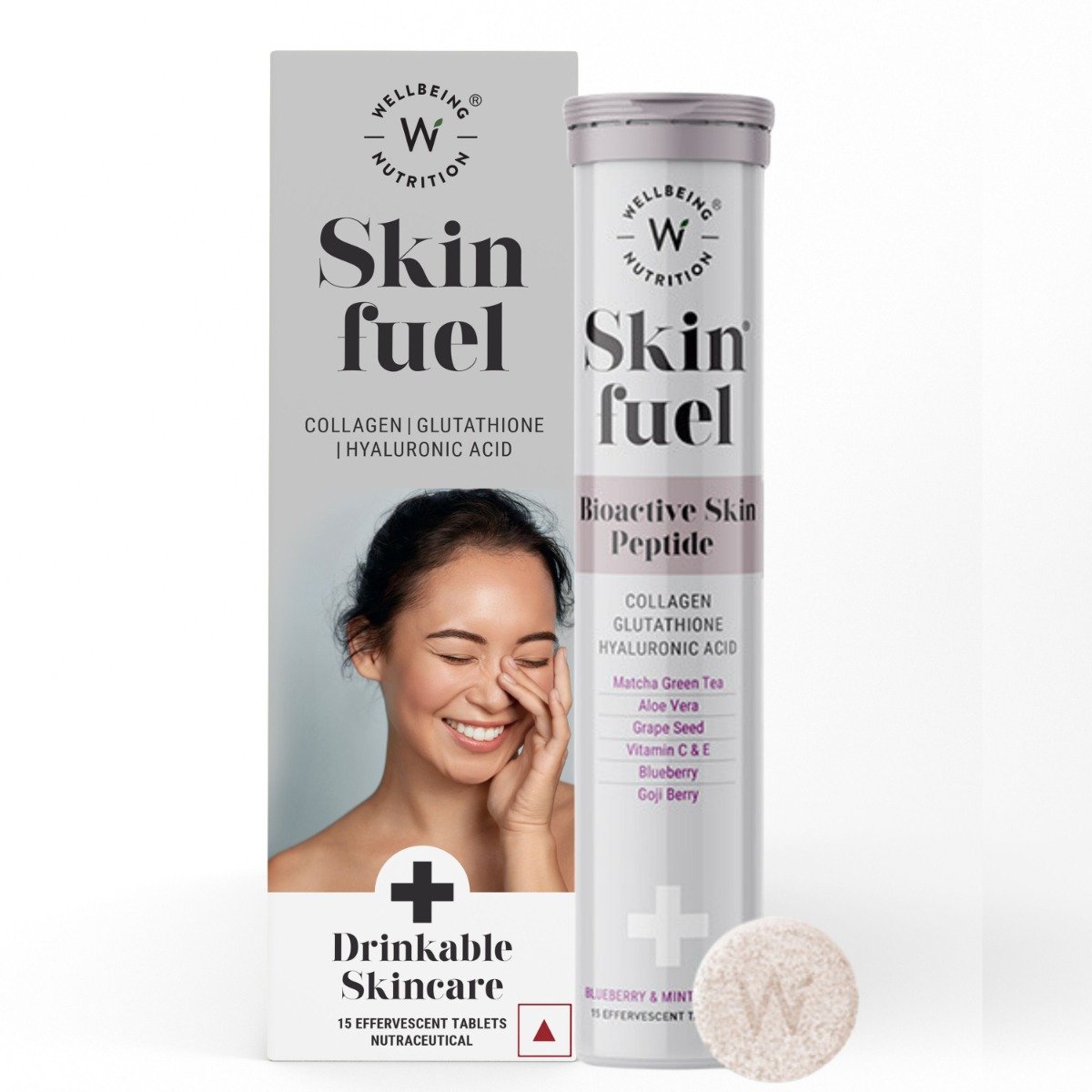 Wellbeing Nutrition Skin Fuel Blueberry & Mint Flavour, 15 Effervescent Tablets, Pack of 1 Wellbeing Nutrition Skin Fuel Blueberry & Mint Flavour, 15 Effervescent Tablets, Pack of 1