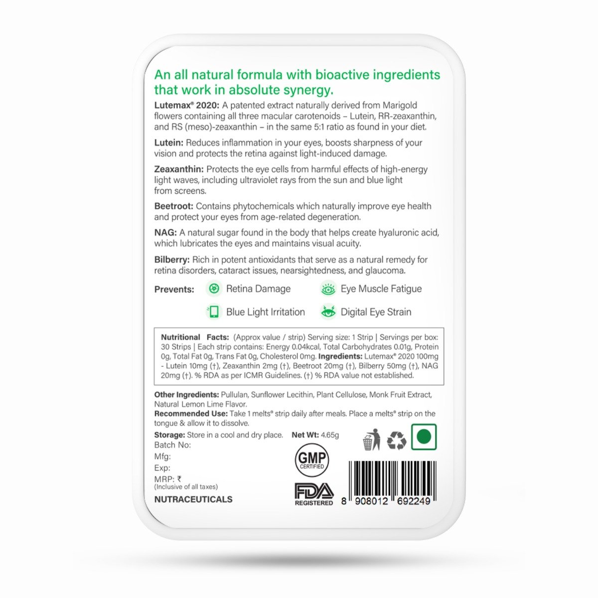 Wellbeing Nutrition Melts Eye Care Zesty Lime & Lemon Flavour, 30 Oral Strips, Pack of 1 Wellbeing Nutrition Melts Eye Care Zesty Lime & Lemon Flavour, 30 Oral Strips, Pack of 1