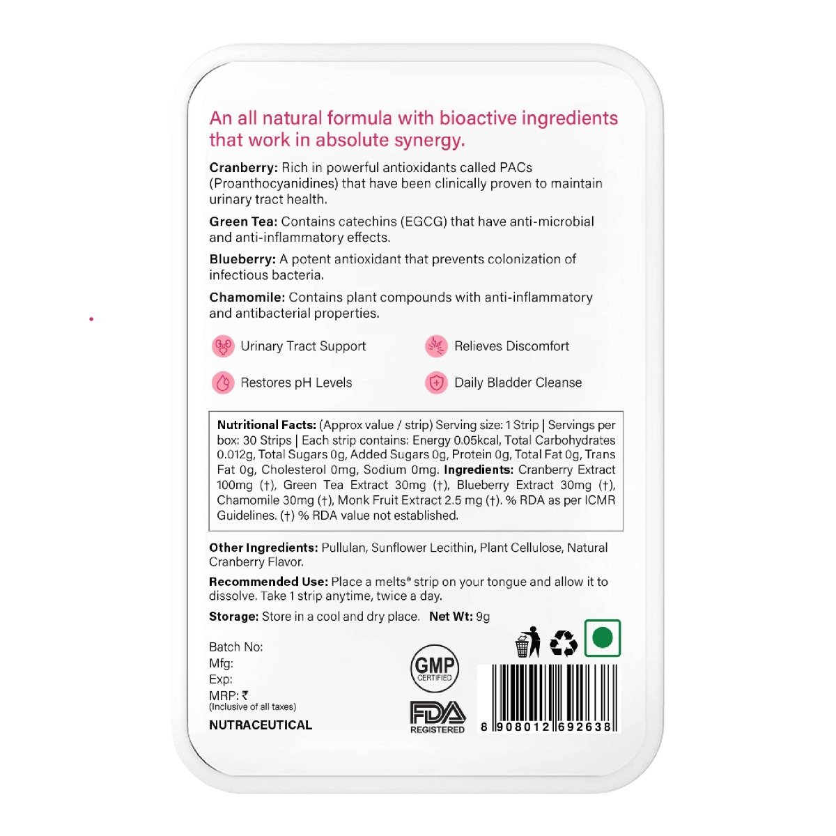 Wellbeing Nutrition Melts into UTI Relief Cranberry Fusion Flavour, 30 Oral Strips, Pack of 1 Wellbeing Nutrition Melts into UTI Relief Cranberry Fusion Flavour, 30 Oral Strips, Pack of 1