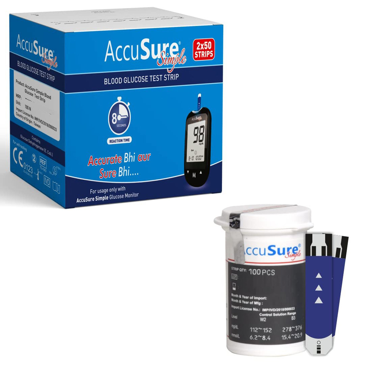 Accusure Simple Blood Glucose Strips, 100 Count (2X50), Pack of 1 Accusure Simple Blood Glucose Strips, 100 Count (2X50), Pack of 1