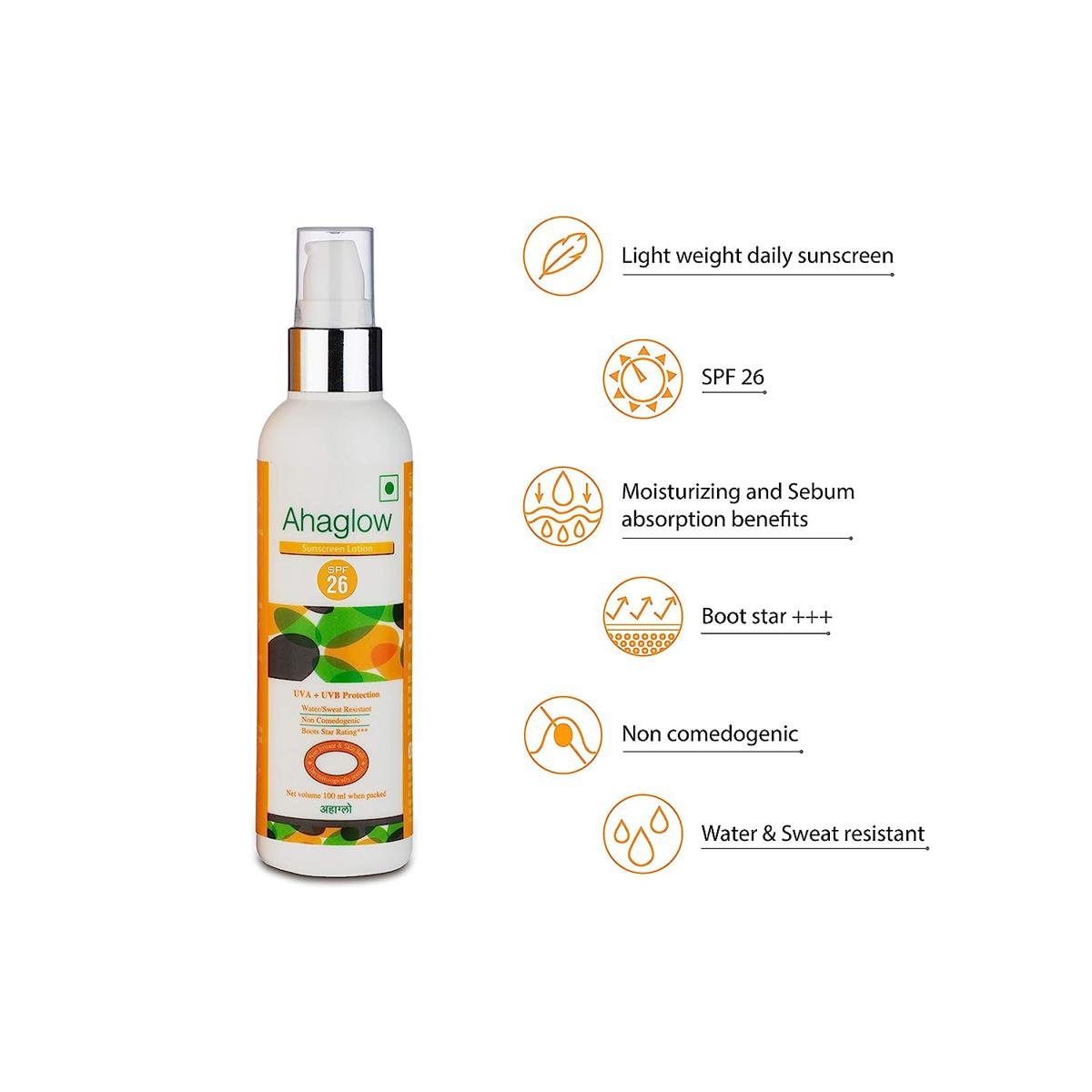 Ahaglow Sunscreen Lotion 100 ml With SPF 26 | UVA+UVB Protection | Water & Sweat Resistance, Pack of 1 Ahaglow Sunscreen Lotion 100 ml With SPF 26 | UVA+UVB Protection | Water & Sweat Resistance, Pack of 1