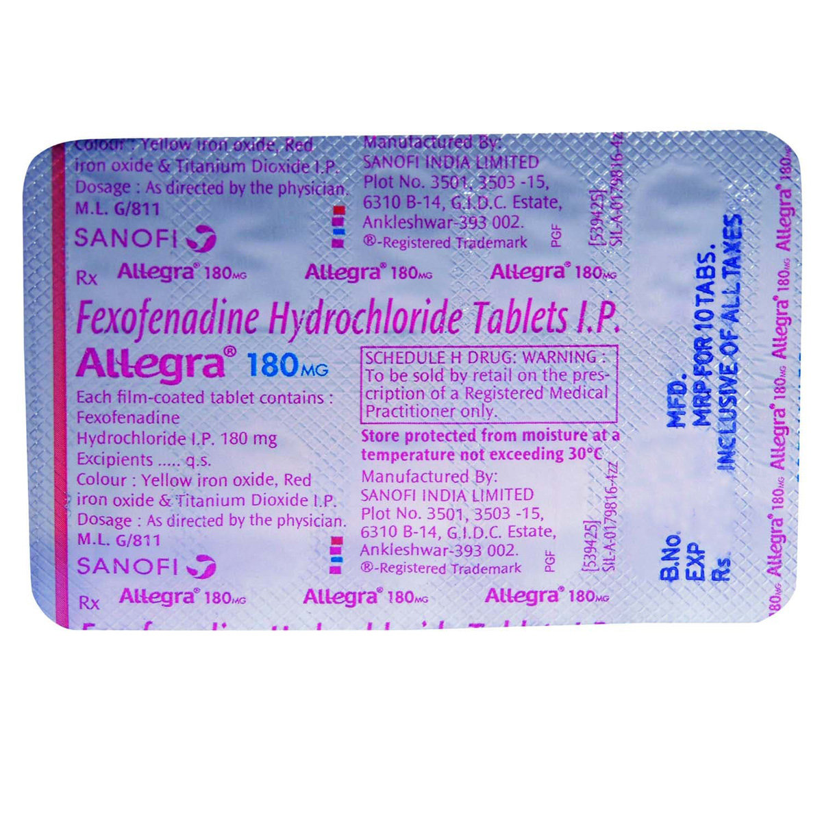 Allegra 180 mg Tablet 10's, Pack of 10 TABLETS Allegra 180 mg Tablet 10's, Pack of 10 TABLETS