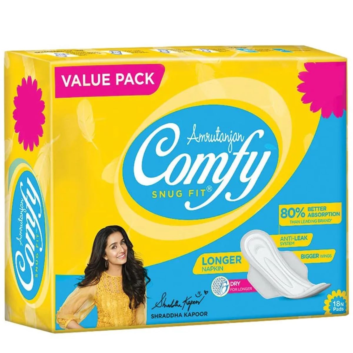Amrutanjan Comfy Snug Fit Longer Napkin Sanitary Pads, 18 Count, Pack of 1 Amrutanjan Comfy Snug Fit Longer Napkin Sanitary Pads, 18 Count, Pack of 1