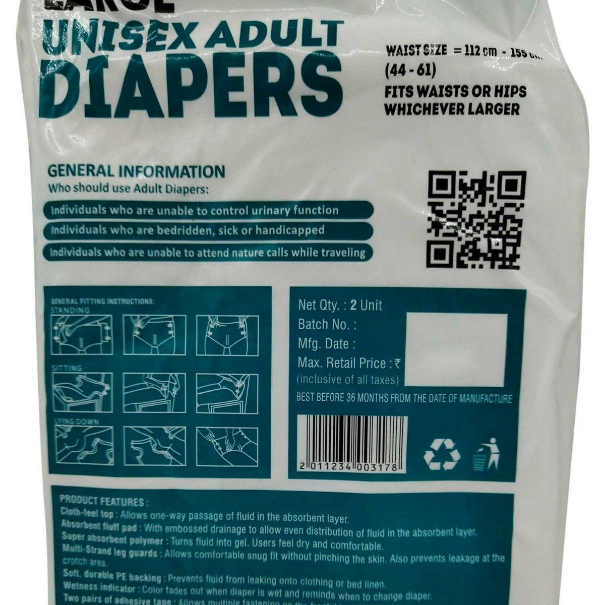 Apollo Life Unisex Adult Diapers Large, 2 Count, Pack of 1 Apollo Life Unisex Adult Diapers Large, 2 Count, Pack of 1