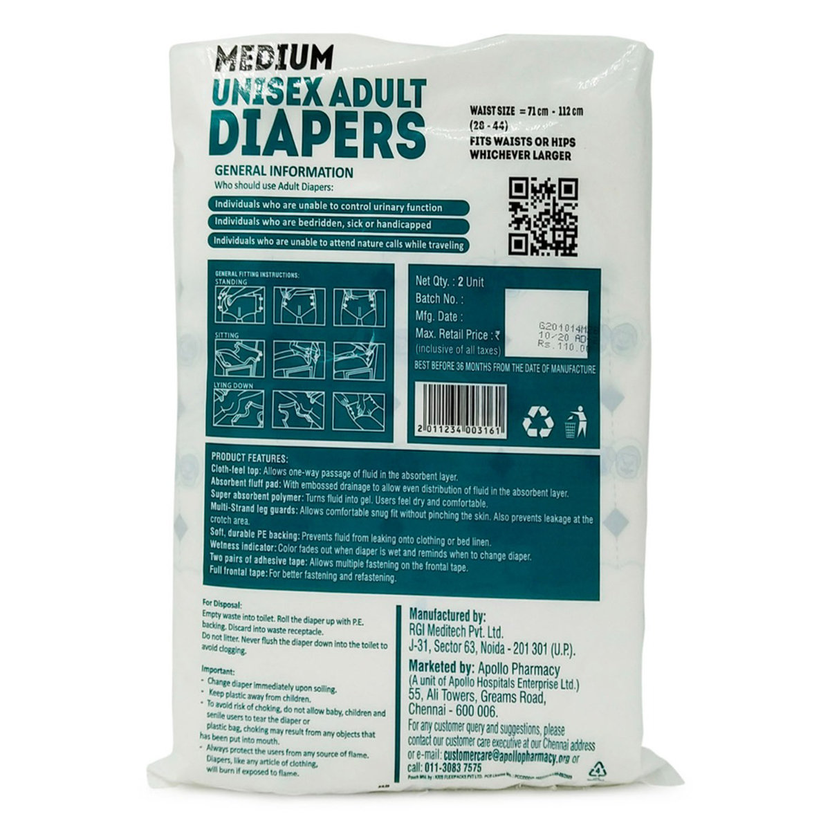 Apollo Life Unisex Adult Diapers Medium, 2 Count, Pack of 1 Apollo Life Unisex Adult Diapers Medium, 2 Count, Pack of 1