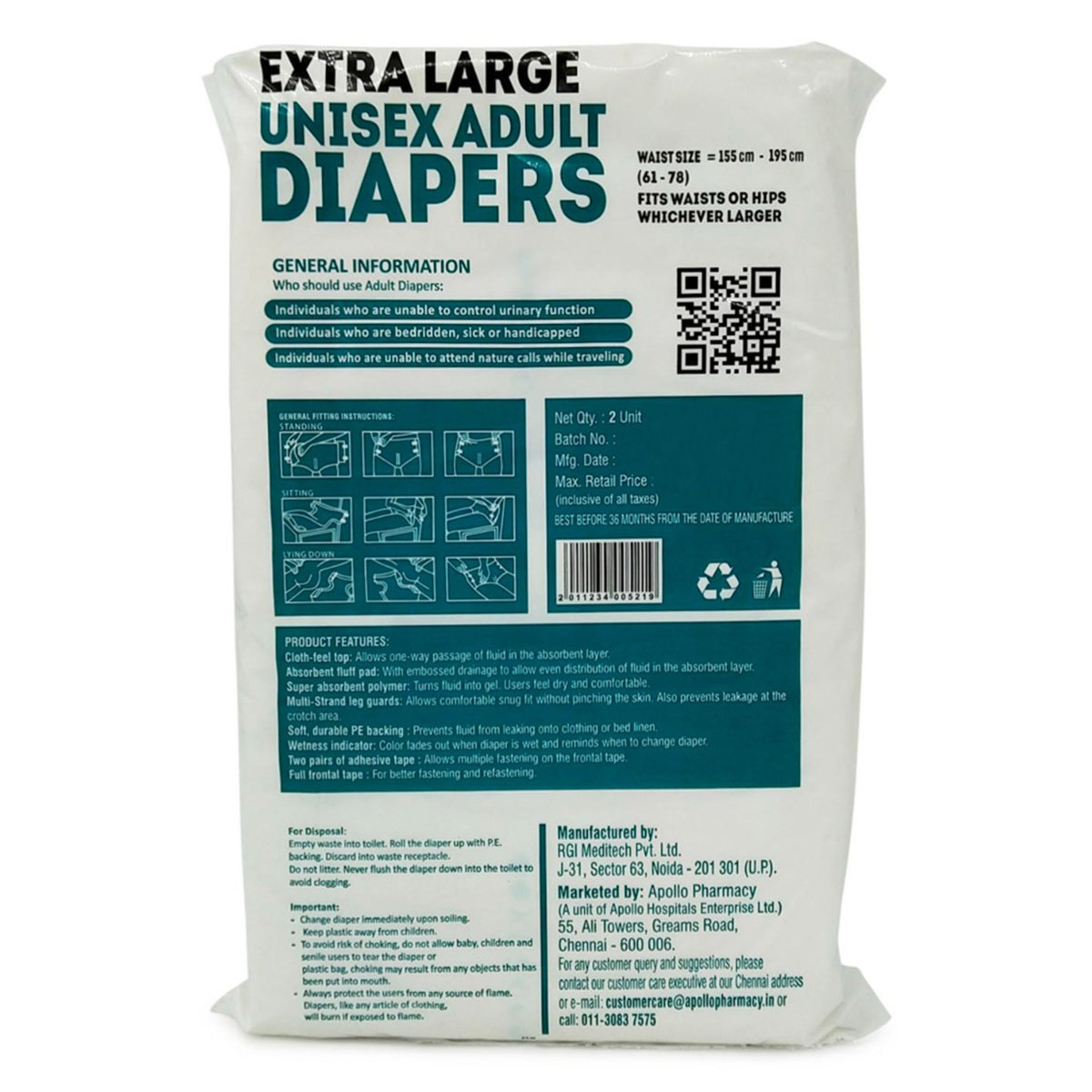 Apollo Life Unisex Adult Diapers XL, 2 Count, Pack of 1 Apollo Life Unisex Adult Diapers XL, 2 Count, Pack of 1