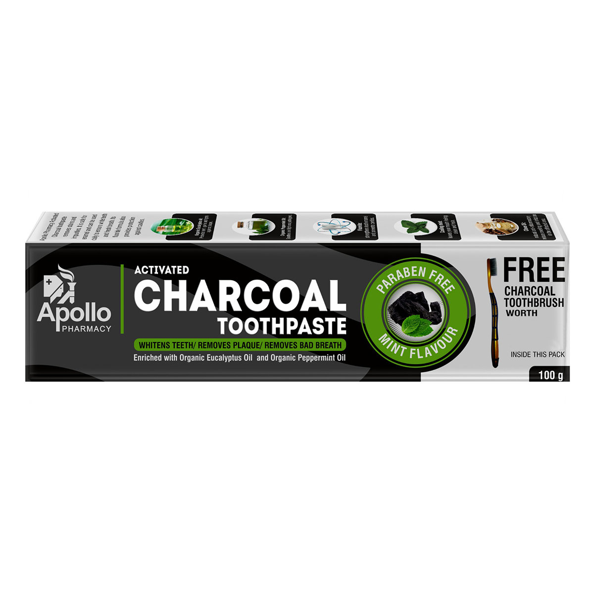 Apollo Pharmacy Activated Charcoal Mint Flavour Toothpaste + 1 Toothbrush Free, 100 gm, Pack of 1 Apollo Pharmacy Activated Charcoal Mint Flavour Toothpaste + 1 Toothbrush Free, 100 gm, Pack of 1