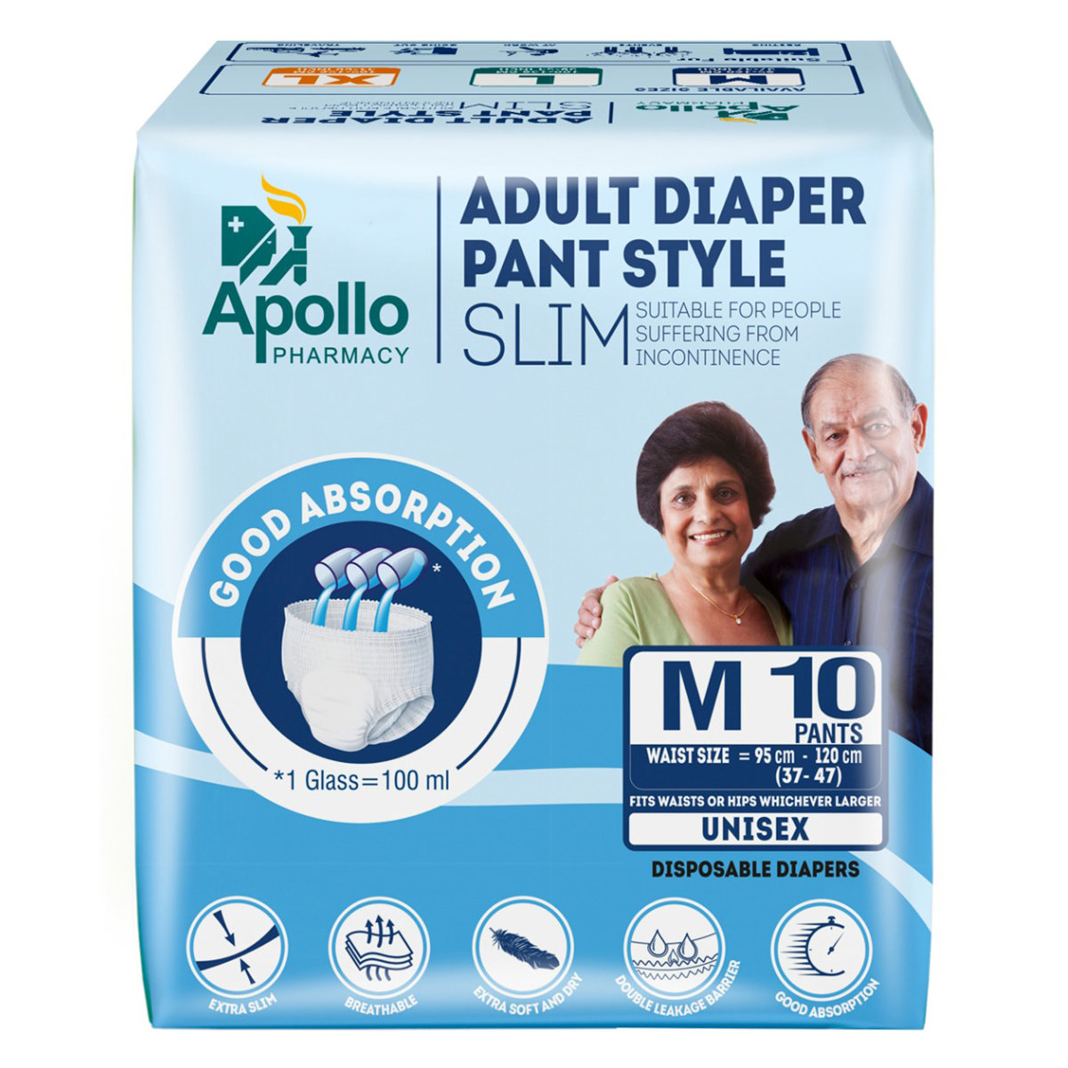 Apollo Pharmacy Adult Diaper Pant Style Slim Medium, 10 Count, Pack of 1 Apollo Pharmacy Adult Diaper Pant Style Slim Medium, 10 Count, Pack of 1