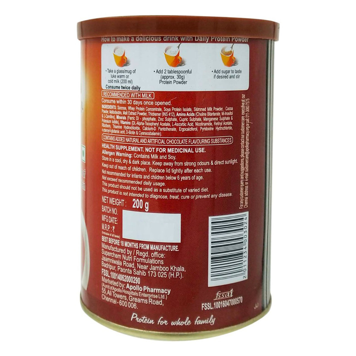 Apollo Pharmacy Daily Protein Chocolate Flavour Powder, 200 gm, Pack of 1 Apollo Pharmacy Daily Protein Chocolate Flavour Powder, 200 gm, Pack of 1