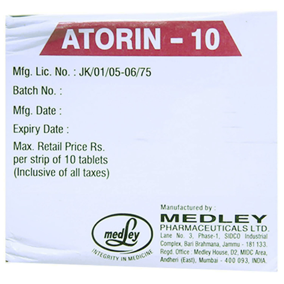 Atorin 10 Tablet 10's, Pack of 10 TABLETS Atorin 10 Tablet 10's, Pack of 10 TABLETS