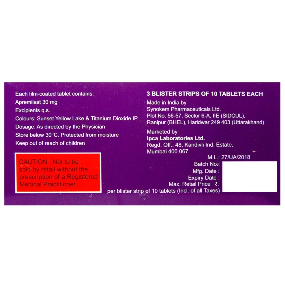 Apraize-30 Tablet 10's, Pack of 10 TABLETS Apraize-30 Tablet 10's, Pack of 10 TABLETS