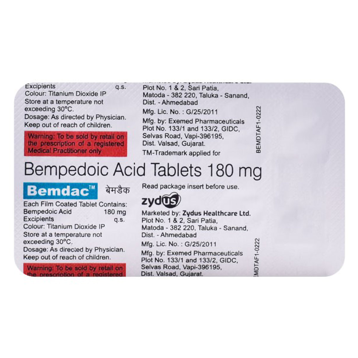 Bemdac 180 mg Tablet 10's, Pack of 10 TabletS Bemdac 180 mg Tablet 10's, Pack of 10 TabletS