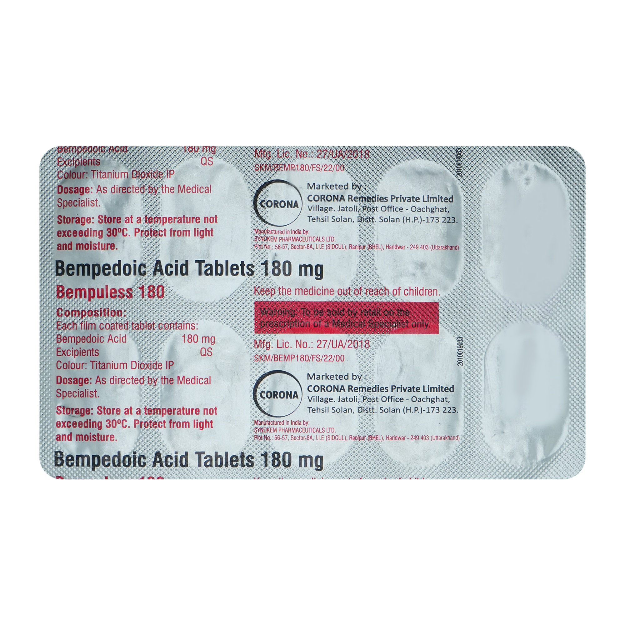 Bempuless 180 Tablet 10's, Pack of 10 TabletS Bempuless 180 Tablet 10's, Pack of 10 TabletS