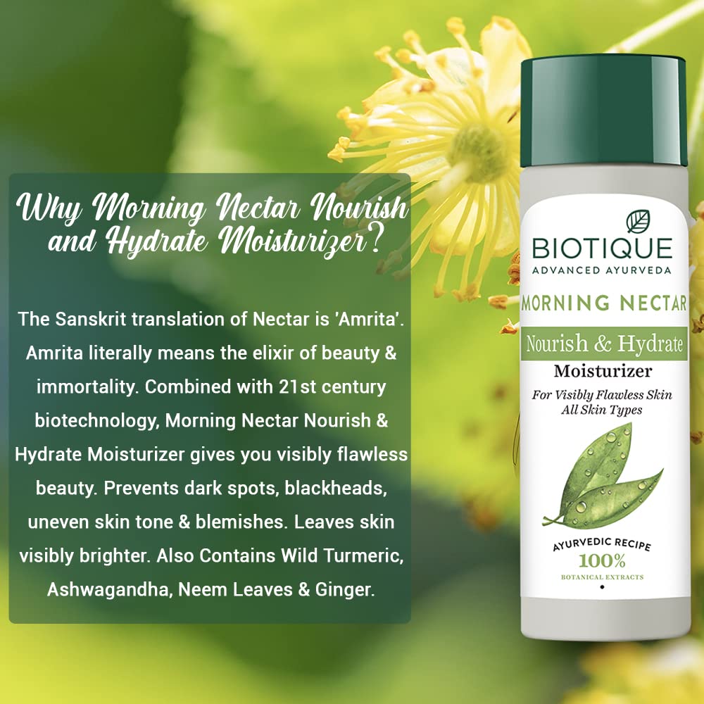Biotique Morning Nectar Nourish & Hydrate Moisturizer 190 ml | Wild Turmeric, Ashwagandha, Neem Leaves & Ginegr | Removes Blemishes & Dark Spots | Helps In Nourishing & Hydrating | For Visibly Flawless Skin | 100% Botanical Extarct | For All Skin Type, Pack of 1 Biotique Morning Nectar Nourish & Hydrate Moisturizer 190 ml | Wild Turmeric, Ashwagandha, Neem Leaves & Ginegr | Removes Blemishes & Dark Spots | Helps In Nourishing & Hydrating | For Visibly Flawless Skin | 100% Botanical Extarct | For All Skin Type, Pack of 1