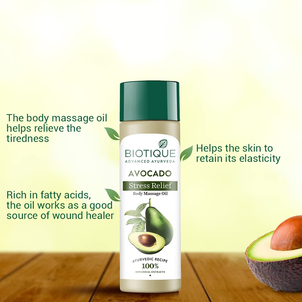 Biotique Bio Avocado Stress Relief Body Massage Oil 200 ml | Relieves Stress, Body Fatigue & Tiredness | 100% Botanical Extracts | For All Skin Type, Pack of 1 Biotique Bio Avocado Stress Relief Body Massage Oil 200 ml | Relieves Stress, Body Fatigue & Tiredness | 100% Botanical Extracts | For All Skin Type, Pack of 1