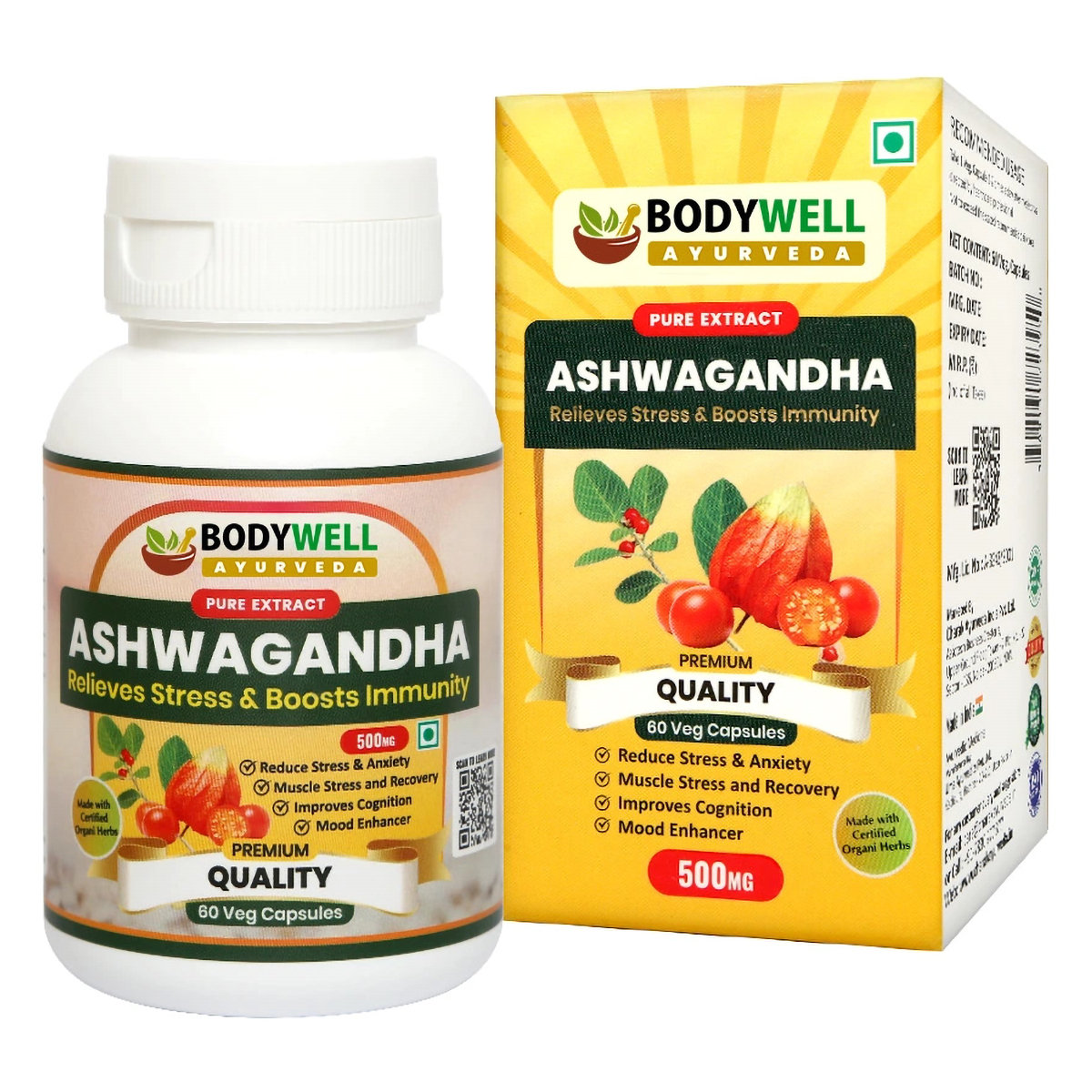 Bodywell Ashwagandha, 500 mg, 60 Veg Capsules, Pack of 1 Bodywell Ashwagandha, 500 mg, 60 Veg Capsules, Pack of 1