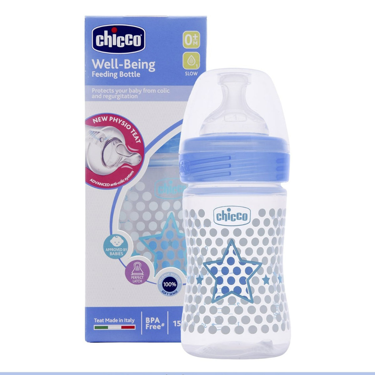 Chicco Well-Being Blue Feeding Bottle, 150 ml, Pack of 1 Chicco Well-Being Blue Feeding Bottle, 150 ml, Pack of 1