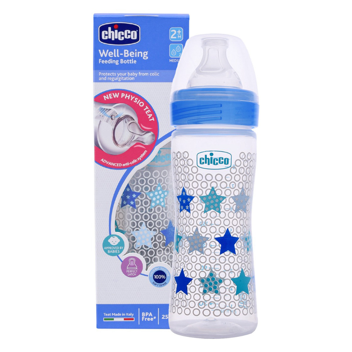 Chicco Well-Being Blue Feeding Bottle, 250 ml, Pack of 1 Chicco Well-Being Blue Feeding Bottle, 250 ml, Pack of 1