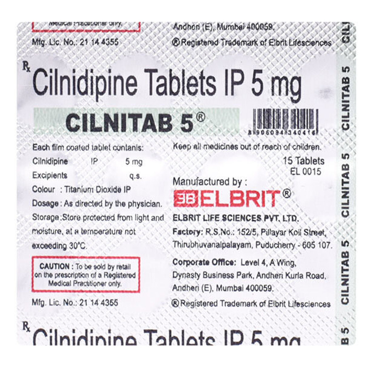 Cilnitab 5 Tablet 15's, Pack of 15 TABLETS Cilnitab 5 Tablet 15's, Pack of 15 TABLETS