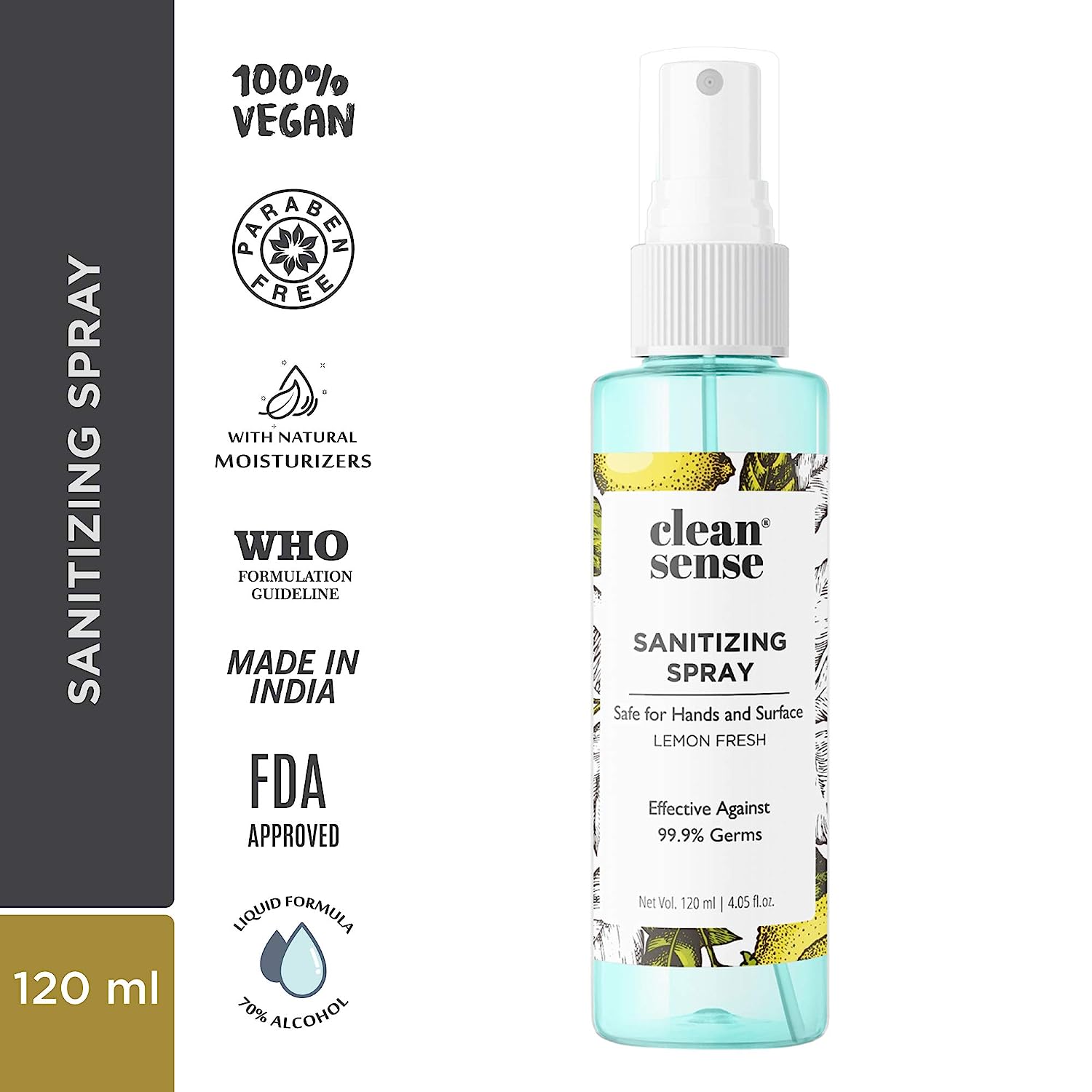 Cleansense Lemon Fresh Sanitizing Spray 120 ml | 70% Alcohol | 99.9% Germ Protection | Safe For Hand & Surface, Pack of 1 Cleansense Lemon Fresh Sanitizing Spray 120 ml | 70% Alcohol | 99.9% Germ Protection | Safe For Hand & Surface, Pack of 1