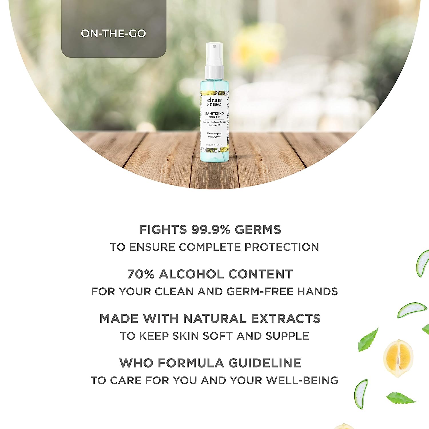 Cleansense Lemon Fresh Sanitizing Spray 120 ml | 70% Alcohol | 99.9% Germ Protection | Safe For Hand & Surface, Pack of 1 Cleansense Lemon Fresh Sanitizing Spray 120 ml | 70% Alcohol | 99.9% Germ Protection | Safe For Hand & Surface, Pack of 1