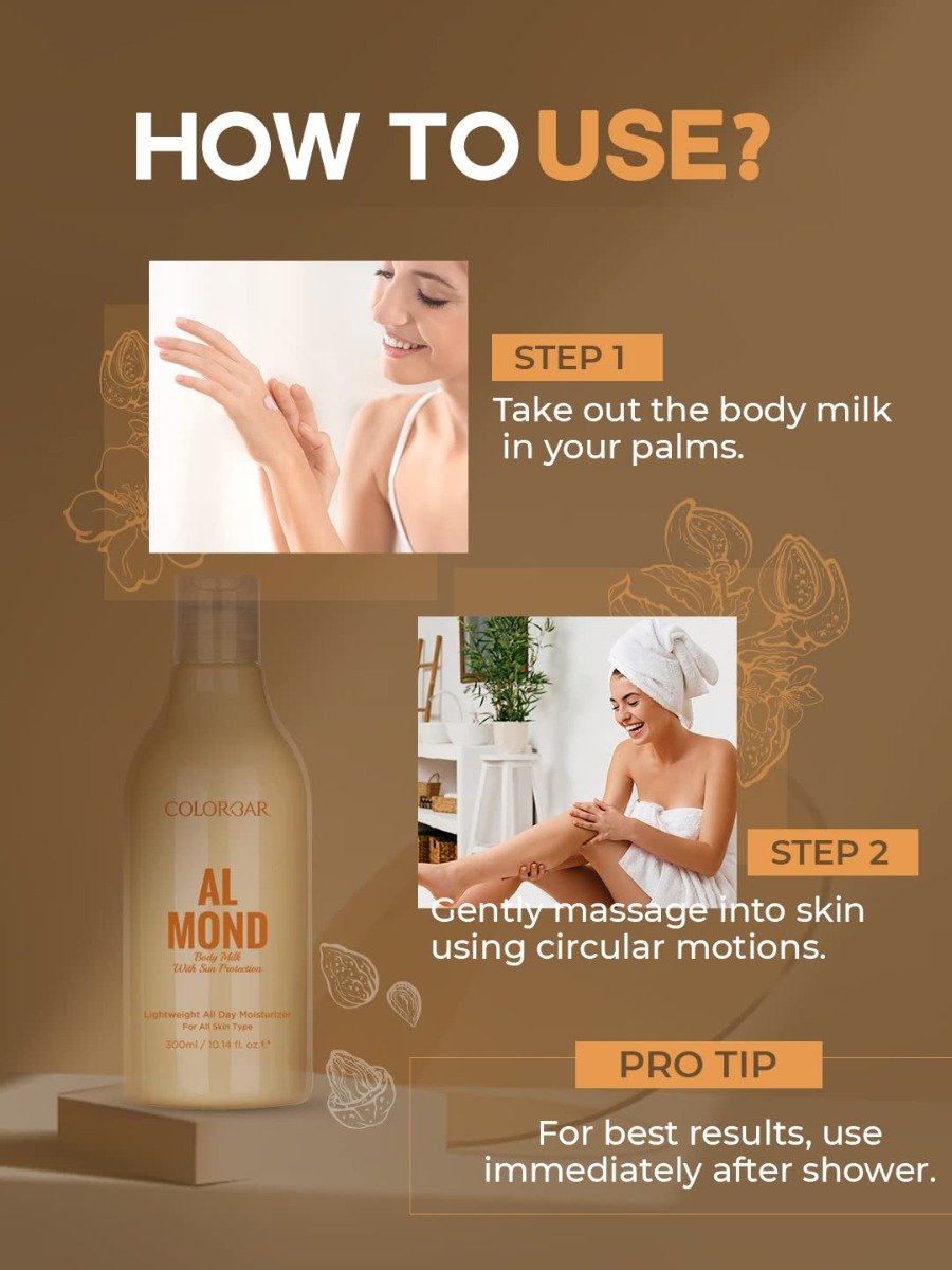 Colorbar Almond Body Milk 300 ml | Enriched With Avocado Oil | Sun Protection | All Day Moisturization | Deep Hydration | Lightweight | For All Skin Type, Pack of 1 Colorbar Almond Body Milk 300 ml | Enriched With Avocado Oil | Sun Protection | All Day Moisturization | Deep Hydration | Lightweight | For All Skin Type, Pack of 1