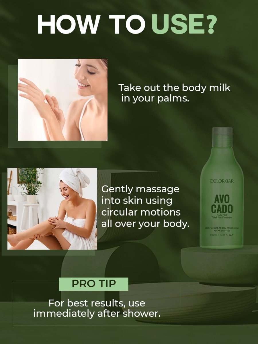Colorbar Avocado Body Milk 300 ml | Enriched With Avocado Oil | Sun Protection | All Day Moisturization | Deep Hydration | Lightweight | For All Skin Type, Pack of 1 Colorbar Avocado Body Milk 300 ml | Enriched With Avocado Oil | Sun Protection | All Day Moisturization | Deep Hydration | Lightweight | For All Skin Type, Pack of 1
