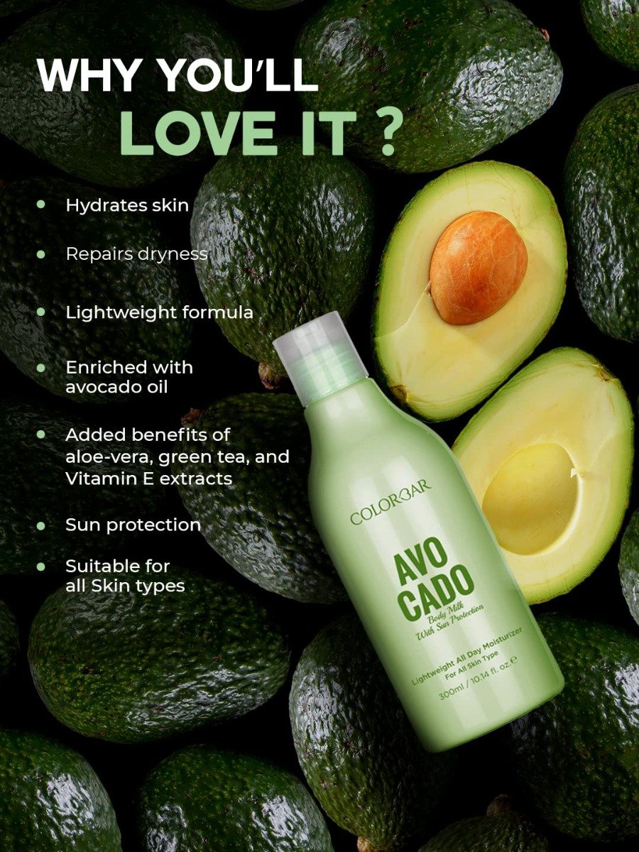 Colorbar Avocado Body Milk 300 ml | Enriched With Avocado Oil | Sun Protection | All Day Moisturization | Deep Hydration | Lightweight | For All Skin Type, Pack of 1 Colorbar Avocado Body Milk 300 ml | Enriched With Avocado Oil | Sun Protection | All Day Moisturization | Deep Hydration | Lightweight | For All Skin Type, Pack of 1