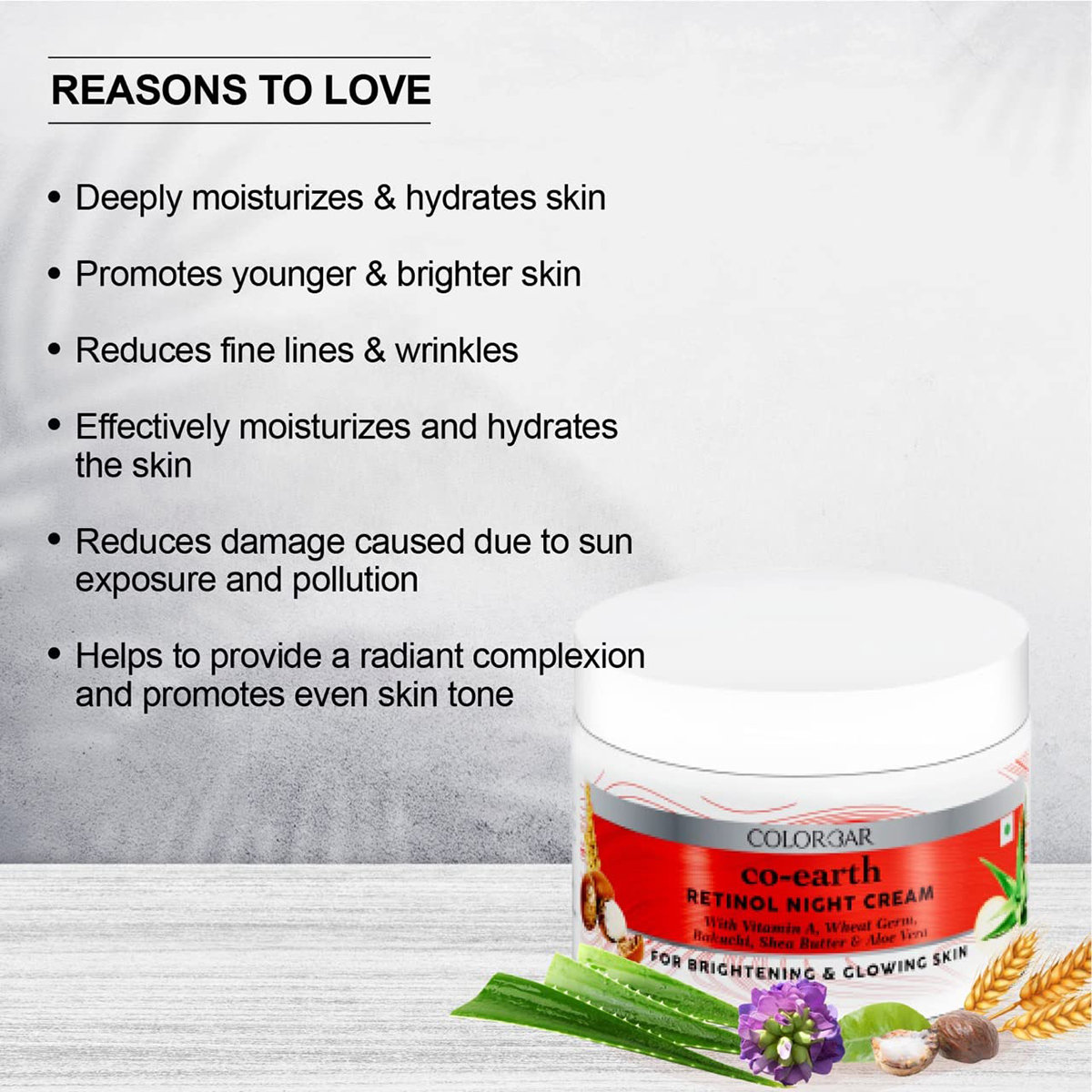 Colorbar Co-Earth Retinol Night Cream 50 gm | Vitamin A, Wheat Germ, Aloe Vera, Bakuchi & Shea Butter | Fights Finelines, Wrinkles & Age Spots | Moisturises & Hydrates Skin | For Bright & Glowing Skin, Pack of 1 Colorbar Co-Earth Retinol Night Cream 50 gm | Vitamin A, Wheat Germ, Aloe Vera, Bakuchi & Shea Butter | Fights Finelines, Wrinkles & Age Spots | Moisturises & Hydrates Skin | For Bright & Glowing Skin, Pack of 1