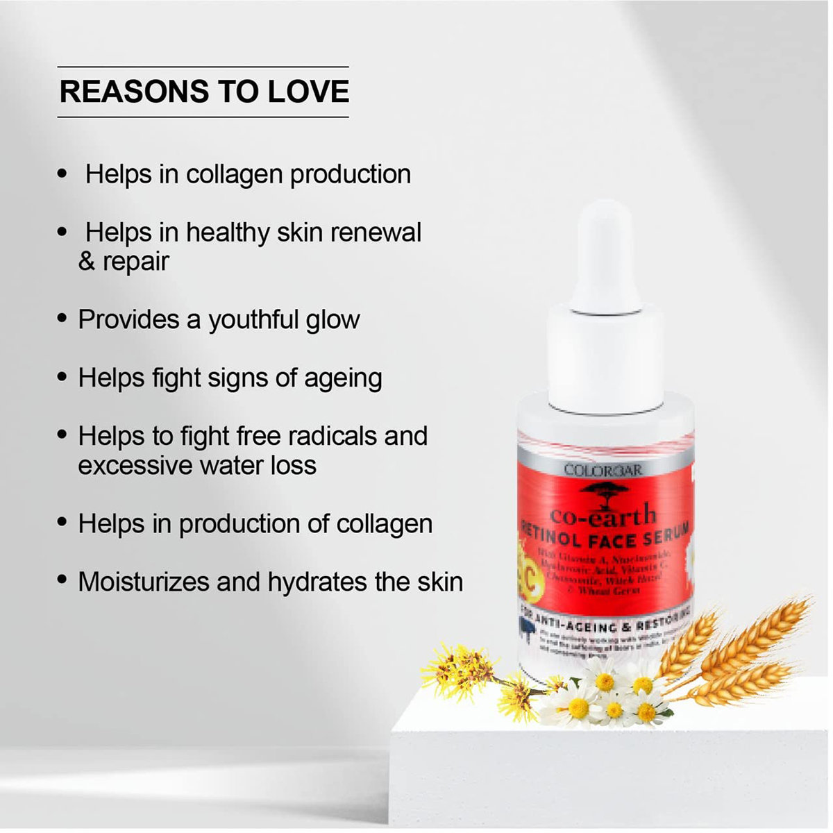 Colorbar Co-Earth Retinol Face Serum 30 ml | Vitamin A, Niacinamide, Hyaluronic Acid, Vitamin C, Chamomile, Witch Hazel & Wheatgerm | Fights Signs Og Ageing | Moiturises & Hydrates Skin, Pack of 1 Colorbar Co-Earth Retinol Face Serum 30 ml | Vitamin A, Niacinamide, Hyaluronic Acid, Vitamin C, Chamomile, Witch Hazel & Wheatgerm | Fights Signs Og Ageing | Moiturises & Hydrates Skin, Pack of 1