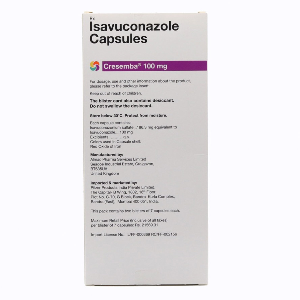 Cresemba 100 mg Capsule 7's, Pack of 7 CapsuleS Cresemba 100 mg Capsule 7's, Pack of 7 CapsuleS