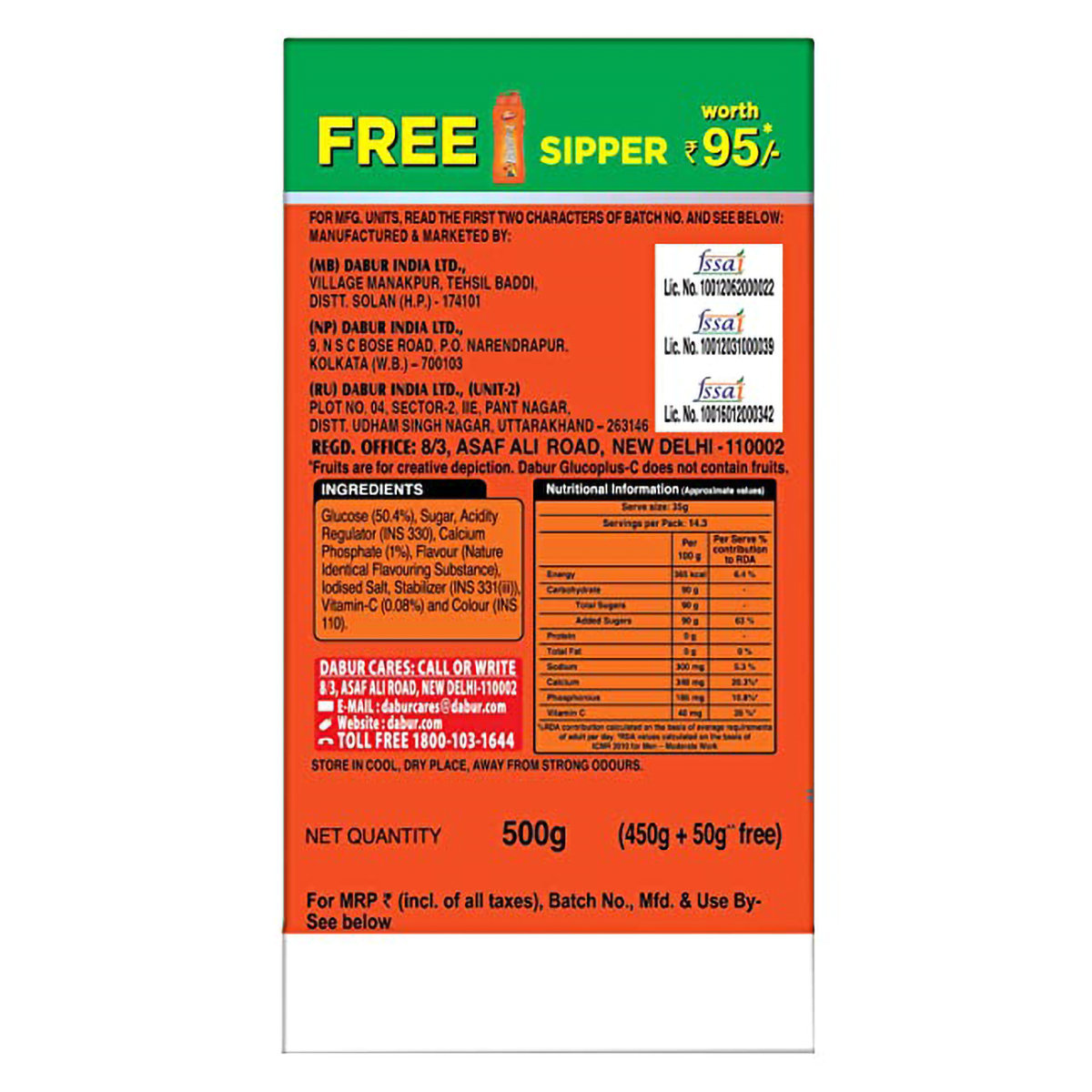 Dabur Glucoplus-C Instant Energy Orange Flavour Powder, 500 gm Refill Pack (Free Sipper), Pack of 1 Dabur Glucoplus-C Instant Energy Orange Flavour Powder, 500 gm Refill Pack (Free Sipper), Pack of 1