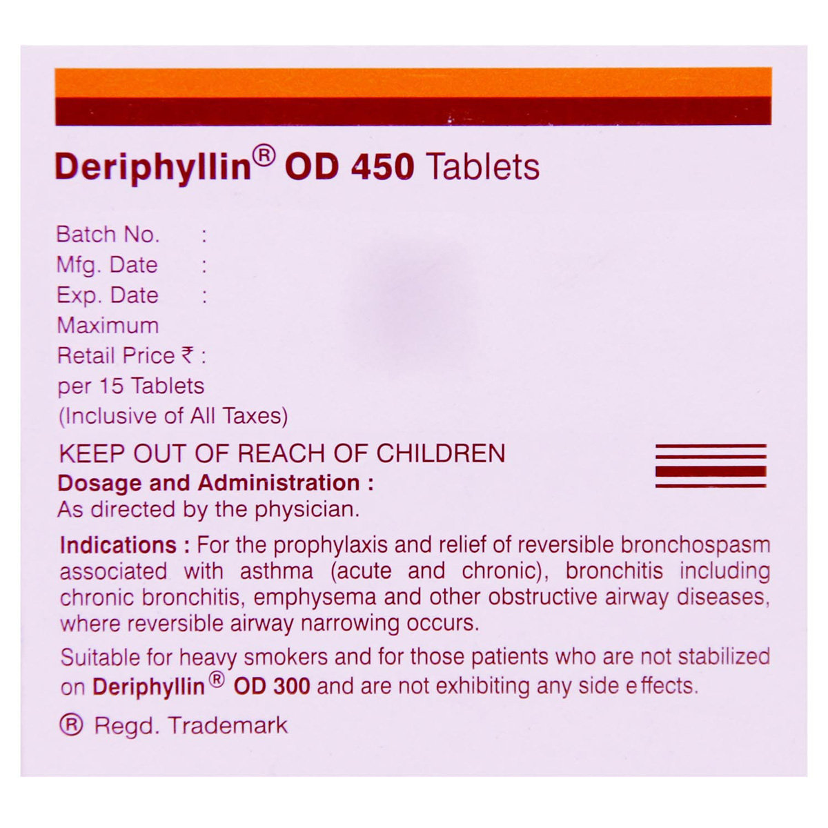 Deriphyllin OD 450 Tablet 15's, Pack of 15 TABLETS Deriphyllin OD 450 Tablet 15's, Pack of 15 TABLETS
