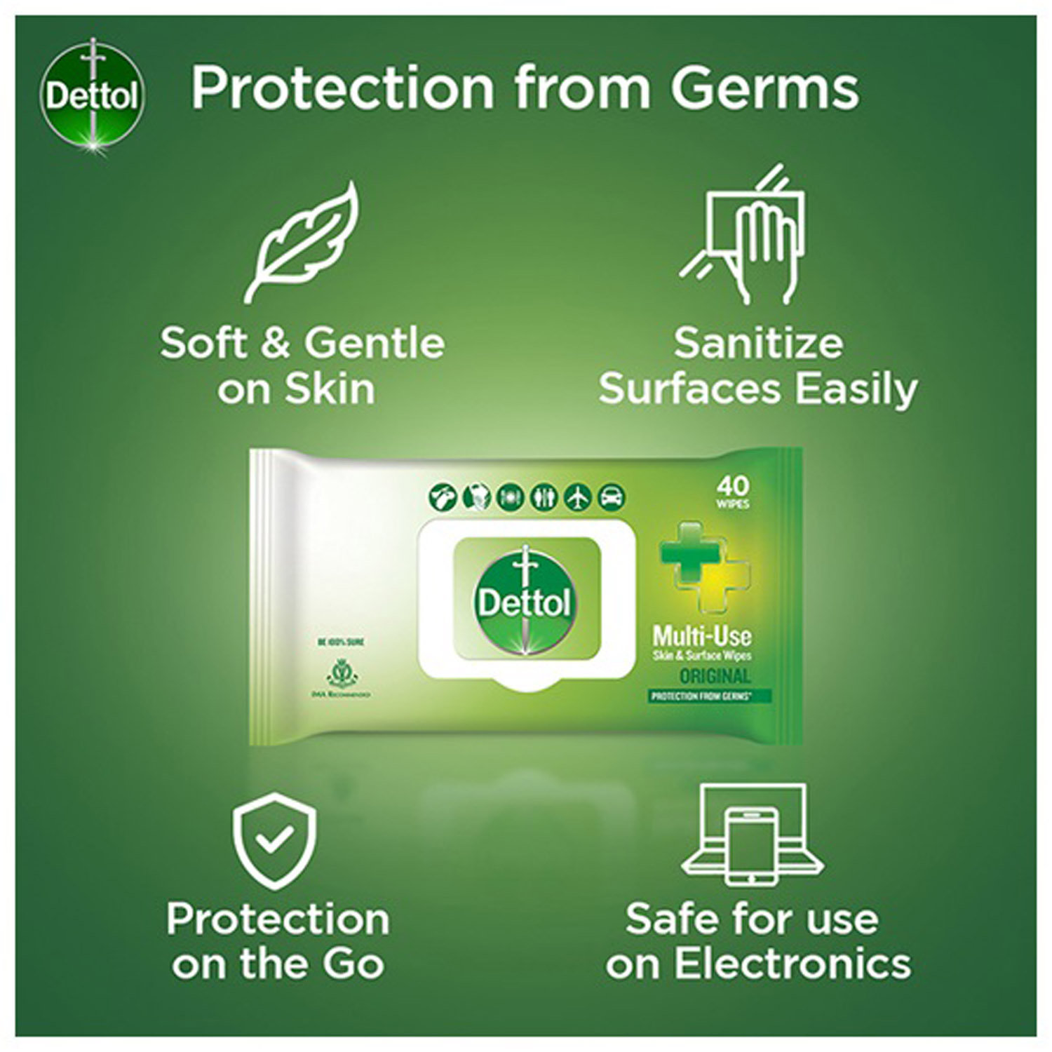 Dettol Original Multi-Use Skin & Surface Wipes, 40 Count, Pack of 1 Dettol Original Multi-Use Skin & Surface Wipes, 40 Count, Pack of 1