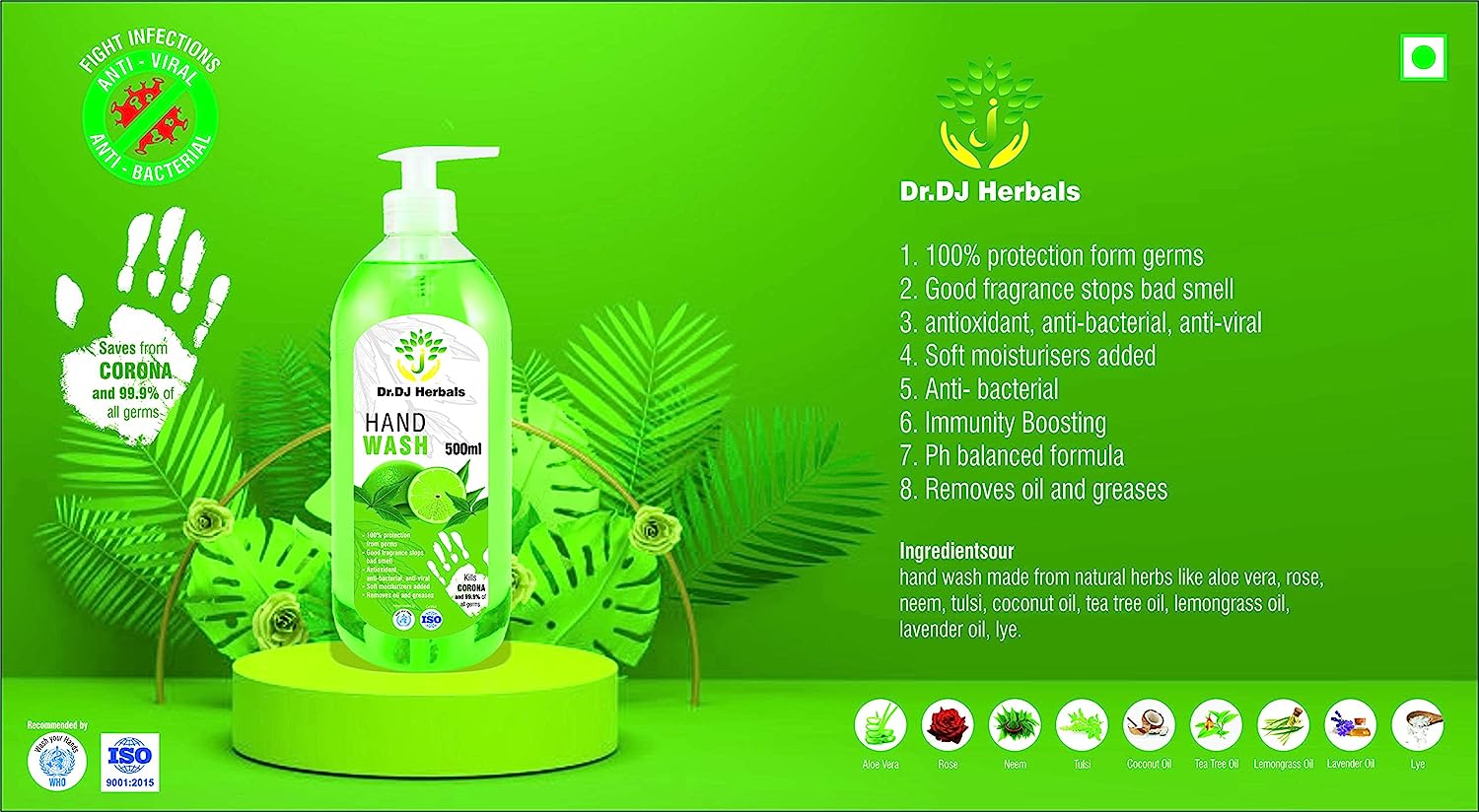 Dr.Dj Herbals Handwash 500 ml | Kills 99.9% Germs | Antioxidant, Antibacterial & Antiviral | Removes Oil & Grease, Pack of 1 Dr.Dj Herbals Handwash 500 ml | Kills 99.9% Germs | Antioxidant, Antibacterial & Antiviral | Removes Oil & Grease, Pack of 1