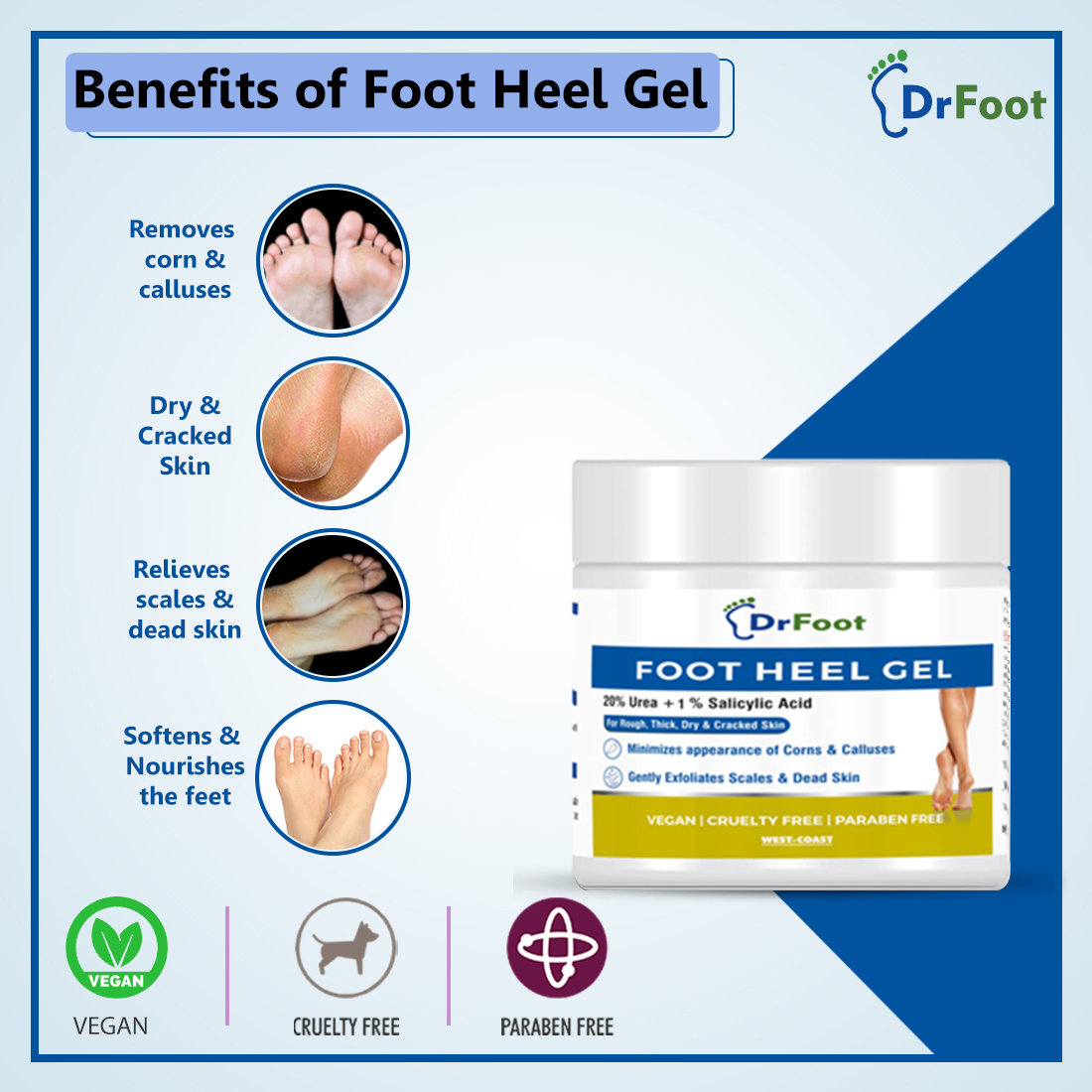 Dr Foot Foot Heel Gel 100 gm | Urea & Salicyic Acid | Gently Exfoliates Dead Cells & Scales | Reduces Corn & Calluses | For Rough, Thick, Dry & Cracked Feet, Pack of 1 Dr Foot Foot Heel Gel 100 gm | Urea & Salicyic Acid | Gently Exfoliates Dead Cells & Scales | Reduces Corn & Calluses | For Rough, Thick, Dry & Cracked Feet, Pack of 1