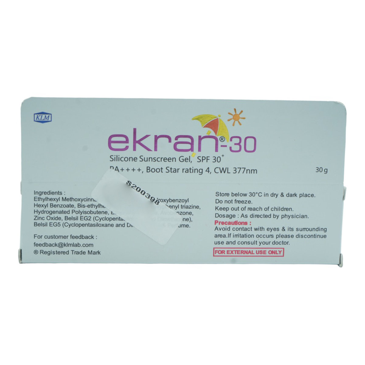 Ekran-30 Silicone Sunscreen Gel 30 gm, Pack of 1 Ekran-30 Silicone Sunscreen Gel 30 gm, Pack of 1