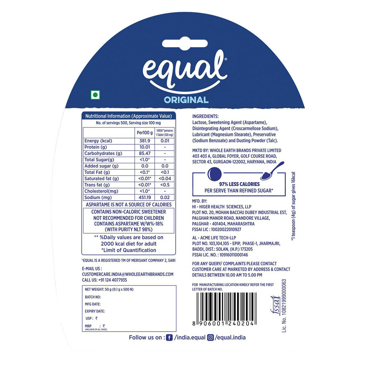 Equal Original Zero Calorie Sweetener, 500 Tablets, Pack of 1 Equal Original Zero Calorie Sweetener, 500 Tablets, Pack of 1